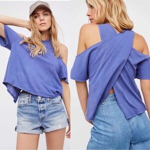 💕 FREE PEOPLE we the free Taurus top, purple raw edge cold shoulder tulip back